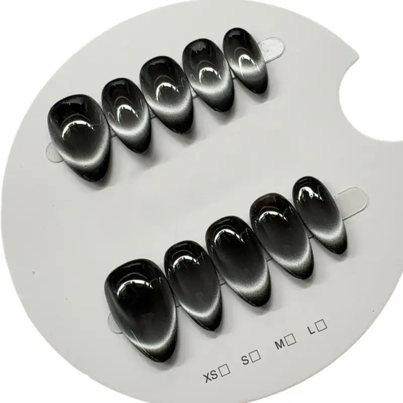 10pcs Handmade Press on Nail Art Classic Black Almond Glitter Cat-Eye False Nail for Women&Girl Detachable Wearable Nail Art - Image 2