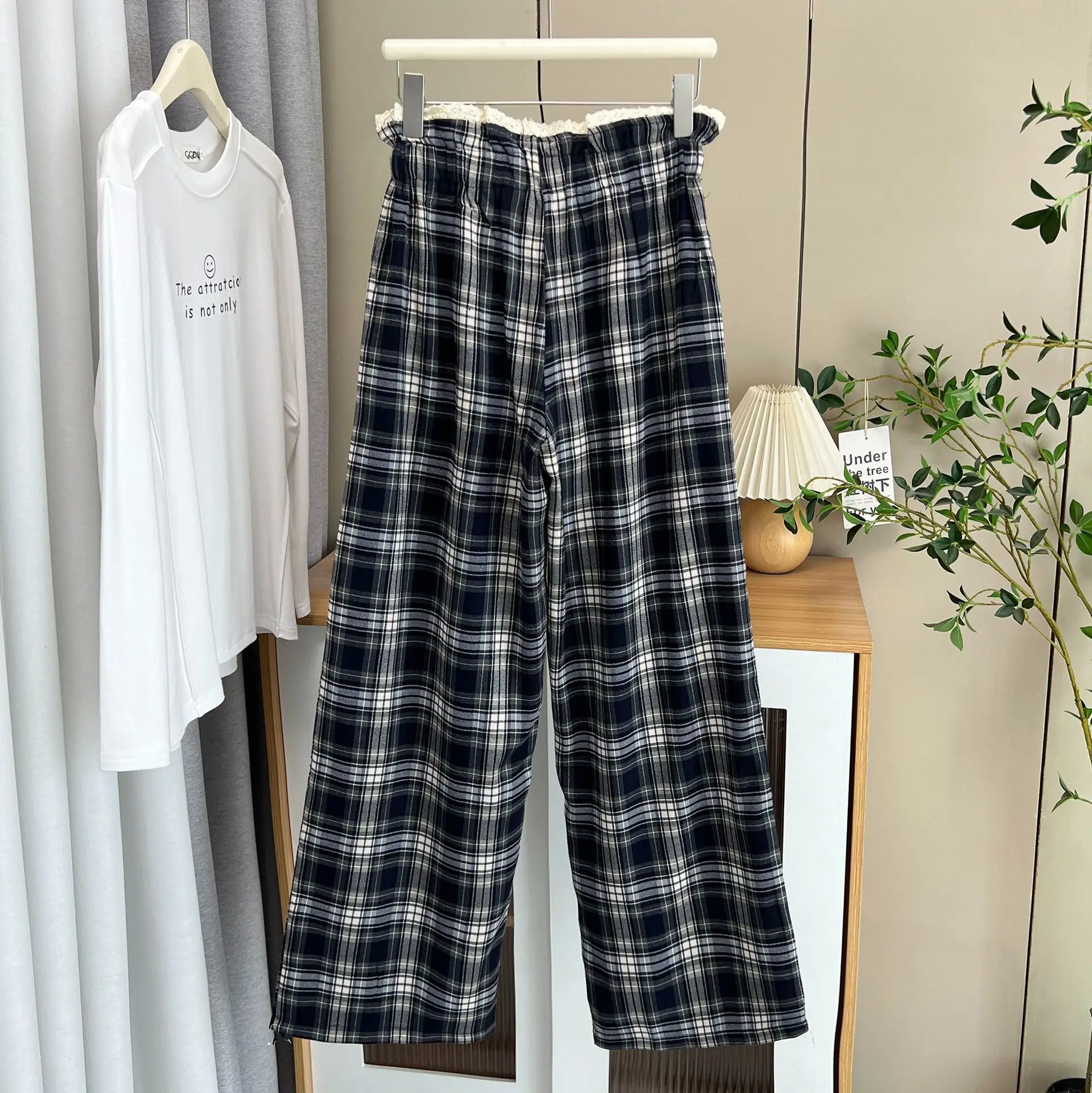 Fashion Plus Size Women's Straight Pants New Stylish lace-trimmed Plaid Autumn Casual Wide Leg Full Length Trousers 1708