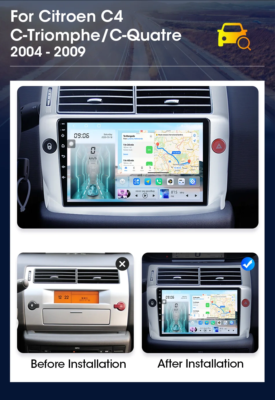 Für Citroen C4 C-Triomphe C-Quatre 2004–2009 Carplay Android Auto Auto Intelligente Systeme SWC GPS Navigation Multimedia Player – Detail 4