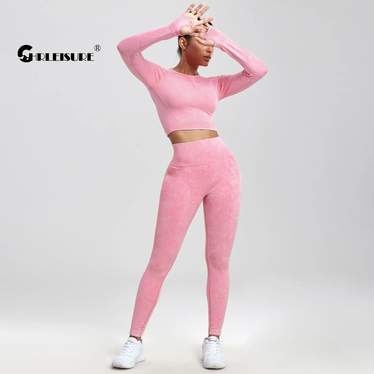 Yoga Set CHRLEISURE 2PCS Seamless Yoga Suits Women Wash Sports Set Long Sleeve Fitness Top with Butt Lift Scrunch Workout Leggings