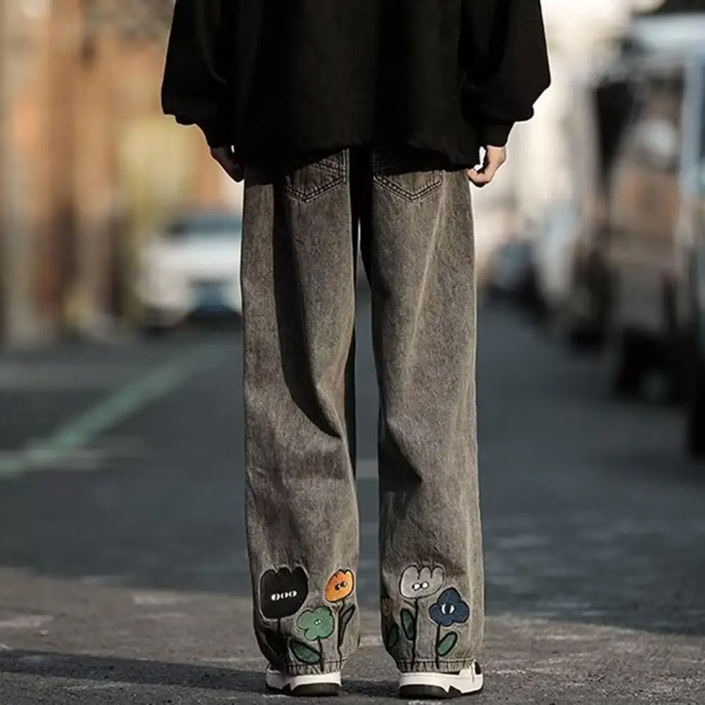 

Men Jeans Wide Leg Cartoon Floral Embroidery Pattern Loose Elastic Mid Waist Pockets Deep Crotch Straight Full Length Streetwear