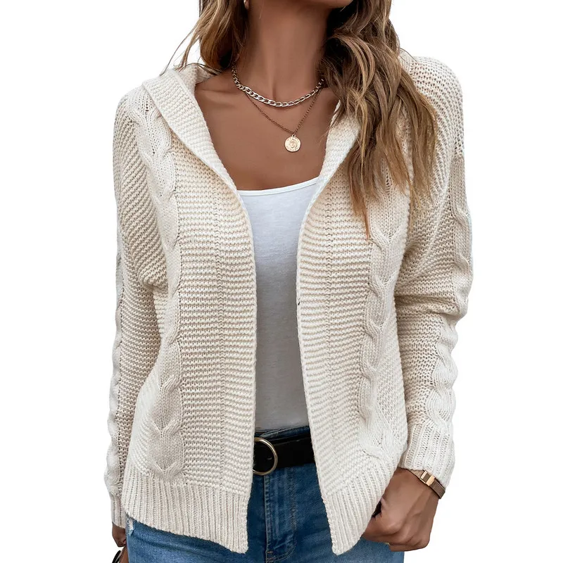 

Women Long Sleeve Hood Sweaters Cardigan Solid Color V-Neck Loose Front Open Knit Sweater Coat Female Clothing Streetwear