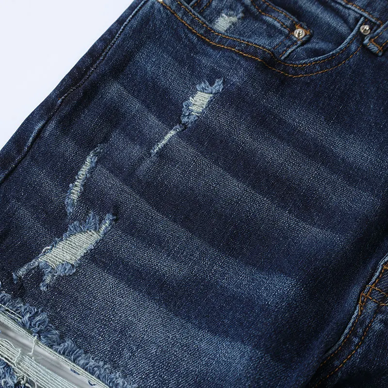 Street Fashion Men Jeans Retro Dark Blue Stretch Skinny Fit Ripped Jeans Men Leather Patched Designer Hip Hop Brand Pants Hombre