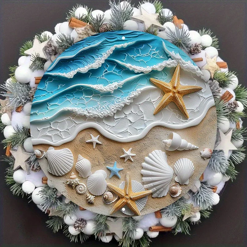 Aluminium-Metallschild mit Strandmotiv, runder Ozeankranz, Seestern und Muscheln, Heim- und Wohnheimdekoration, Valentinstagsgeschenk – Detail 6