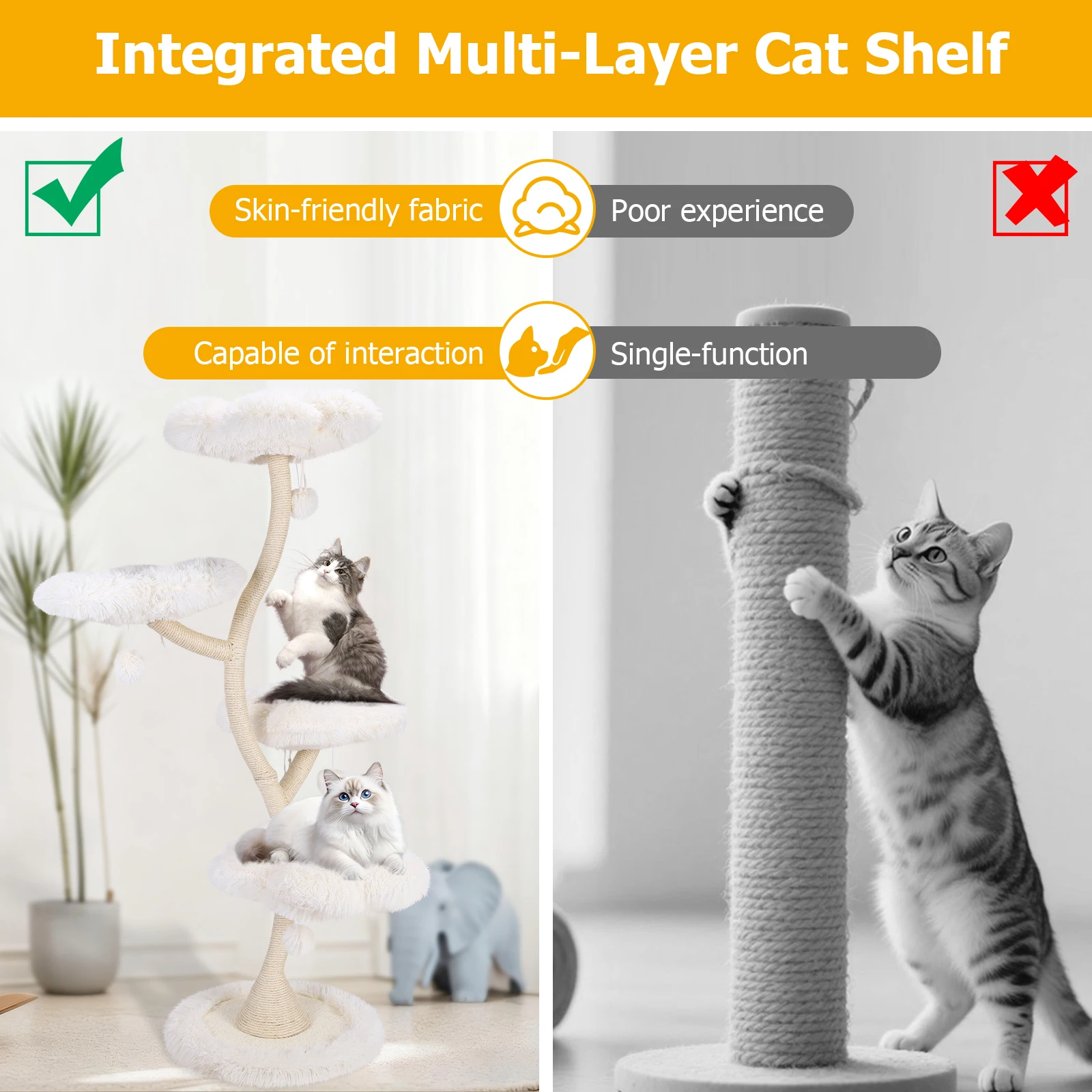 Integrated Multi-Layer Cat Shelf with Bed Freestanding Cat Tower Tall Tree for Scratch Lookout and Play