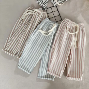 Pantaloni vintage minimalisti a righe in lino e cotone per bambini Pantaloni casual unisex in vita elastica | Pantaloni Harem per bambini 1