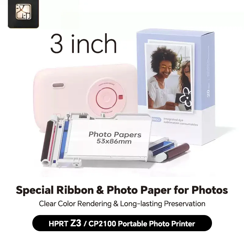 100%  HPRT Z3 / CP2100 포토 용지 염료승화 카트리지 3인치 즉석 프린터 리필 컬러 필름 라미네이팅 세트