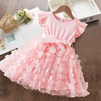 Summer 3D Flower Mesh Ruffles Sleeves Dress 1-5 Years Toddler Girls Birthday Party Princess Dress Tutu Cute Baby Girls Clothes 3