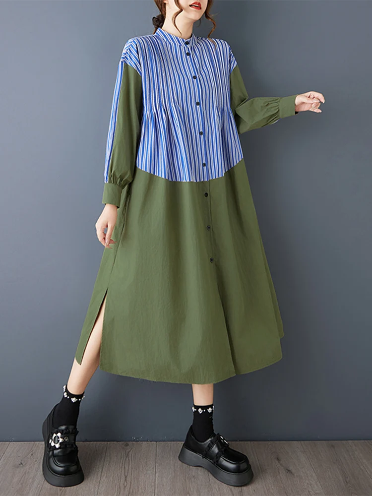 Stripe Patchwork Oversized Shirt Dresses For Women New Long Sleeve Loose Casual Midi Dress Elegant Clothes Spring Autumn 2025