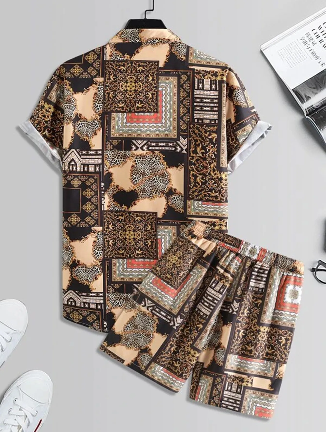 2023 Men Sets Print Patchwork Lapel Short Sleeve Casual Shirt Beach Shorts Summer Sports Vacation Hawaiian Suits Men Clothing
