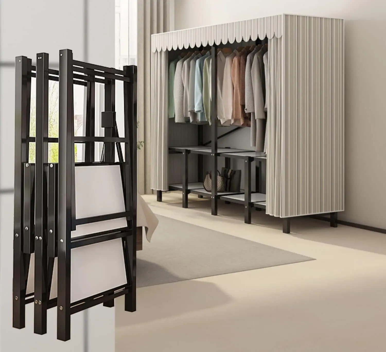 

Portable Closet Storage Organizer, Foldable Installation Free Wardrobe Heavy Duty Clothes Freestanding Sturdy Garment Rack