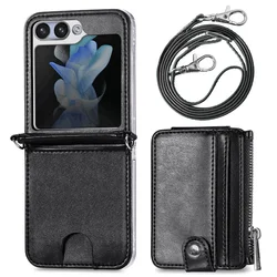 2-in-1 Detachable Zipper Wallet Phone Case with Card Slot & Long Lanyard for Galaxy Z Flip 5 (Black)