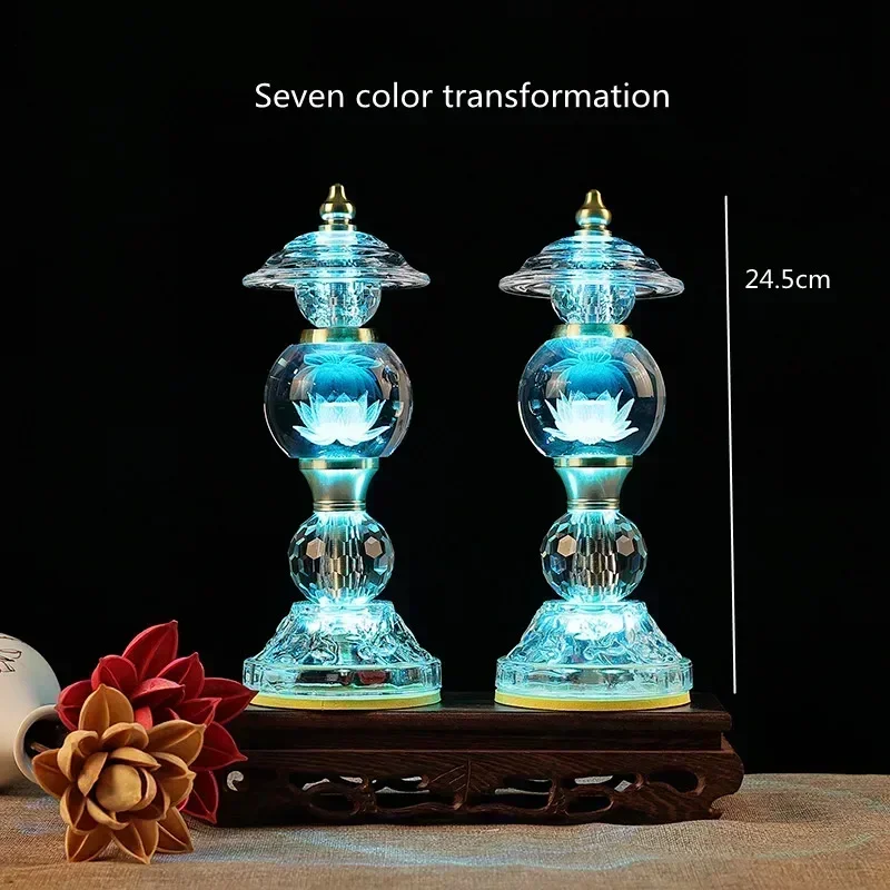 Household LED Crystal Ball Glass Lotus Lamp, Buddha Offering Lamp, Prayer, Feng Shui, Eternal Light of Buddha Hall, Tools
