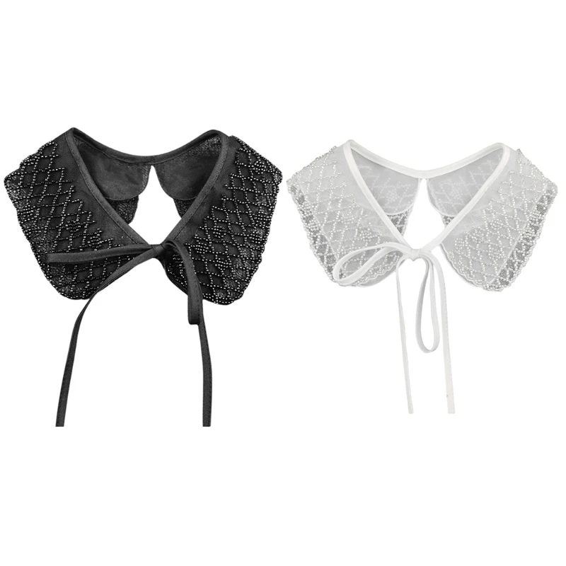 

Women Embroidery Beading Plaid Fake Collar Double Layer Detachable Shawl Capelet Layered Dickey Bandage Mesh Necklace