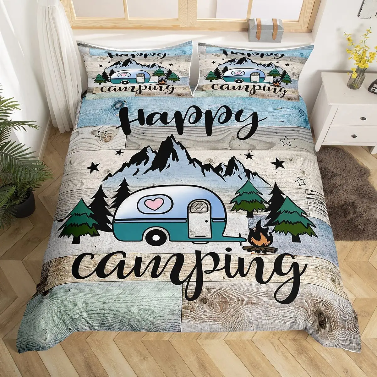 Kinder-Bettbezug-Set „Happy Camping“ In Full Size – Camper Truck Design, 3-teilig, Mikrofaser