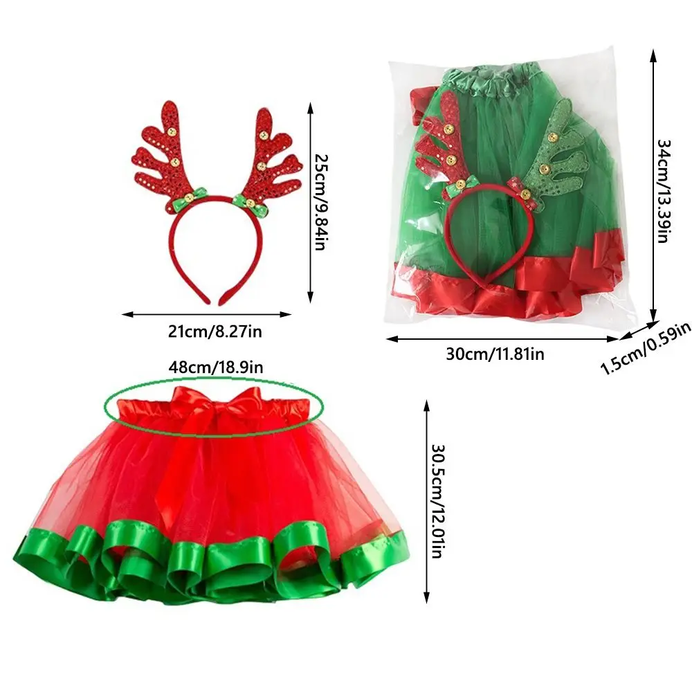 With Antler Headband Christmas TUTU Skirt Set for Kids 2-Piece Set Mesh Christmas Party Performance Outfit