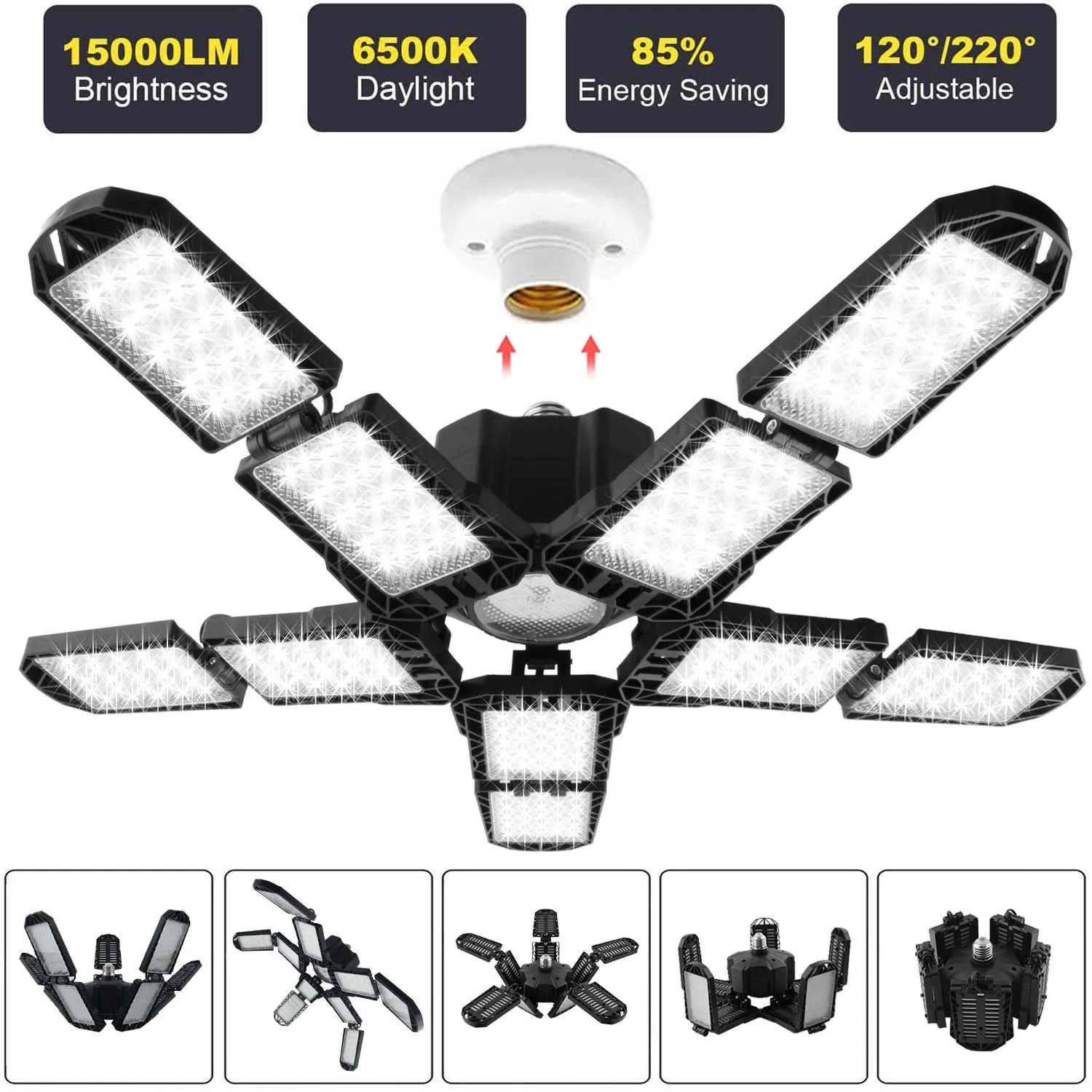Deformable 10+1 Panel Led Garage Lamp Ceiling Lighting Daylight 6500K Deformable Shop Lights Room Home Decor Workshop Basement