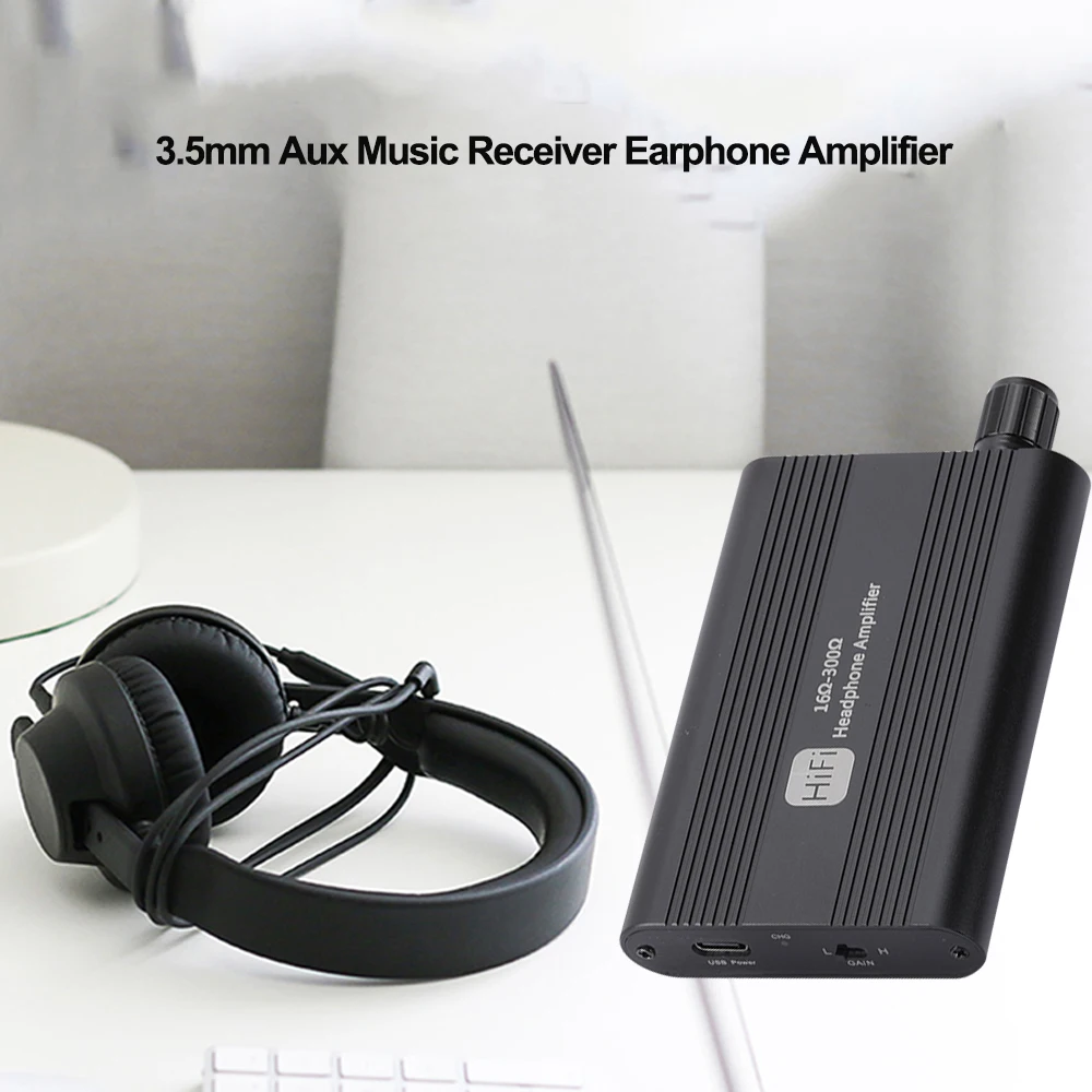 HiFi 헤드폰 앰프 16-300옴 헤드폰 앰프 3.5mm 스테레오 오디오 출력(스위치 포함) 2레벨 부스트 기능이 있는 전원 공급형 듀얼 출력