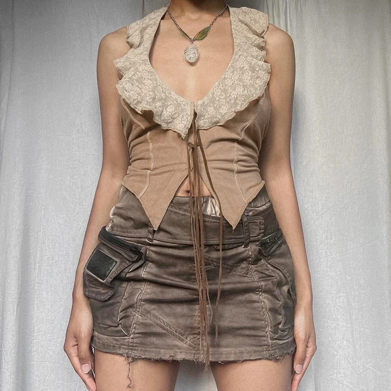 Camiseta de tirantes de ante vintage para mujer, estilo Y2K, con cordones, ajustada, sexy, de los años 2000, con ribete de encaje, estilo halter, ropa grunge
