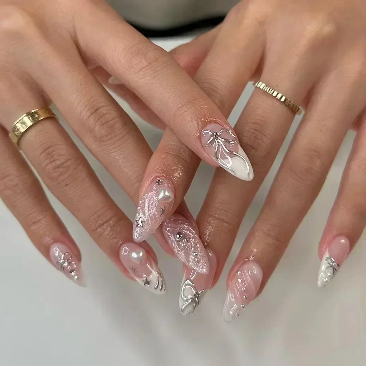 Fake Nails False Nails Nail Tips 24pcs Almond Press on Bowknot Wearable Stick-on U&ntilde;as Накладные Ногти Faux Ongles 네일팁