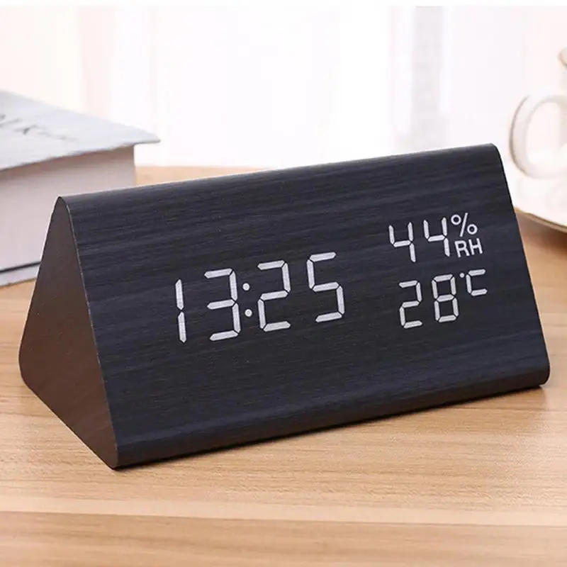 

Adjustable Voice Control Alarm Clock Desk Clock With Humidity & Temperature Wooden Alarm Clock For Office Bedside Clock Decor
