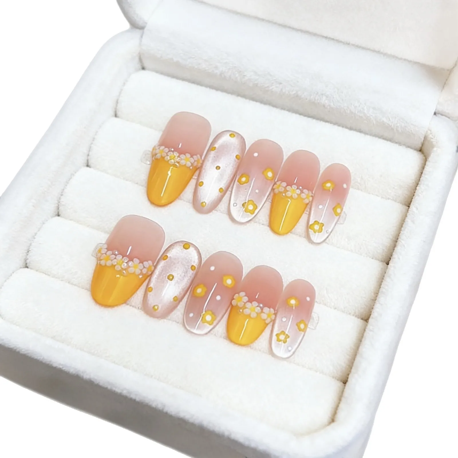 10개입 작은 데이지 꽃무늬 핸드메이드 네일 스프링 허니 프렌치 캣아이 프레스온 네일 미디엄 오벌 여성&소녀용 가짜 네일
