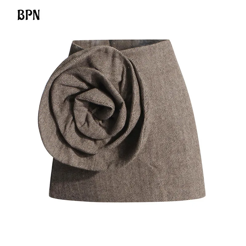 BPN Minimalist Solid Skirts For Women High Waist Patchwork Appliques Slimming Temperament Mini Skirt Female Fashion Clothing New