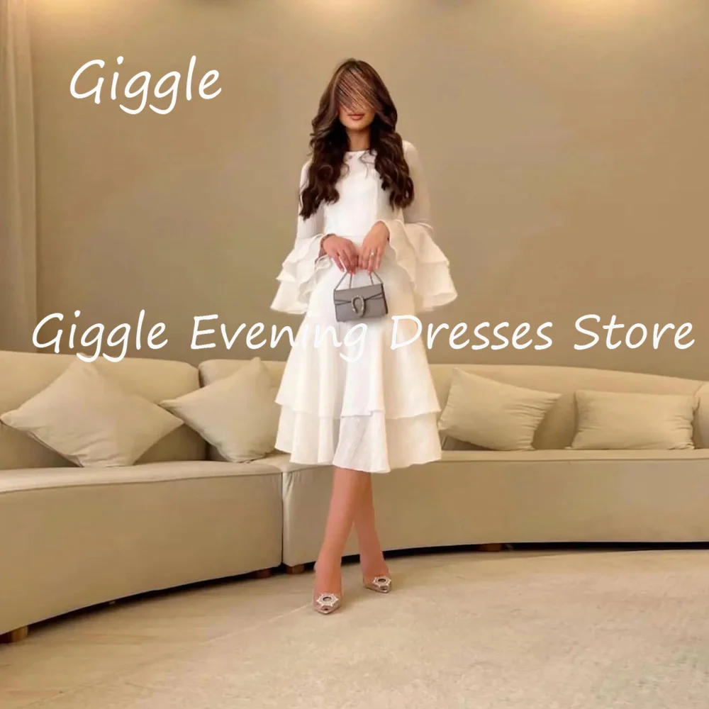 

Giggle Satin A-line Scoop Neckline Ruffle Arab Formal Prom Gown Saudi Tea Length Evening Party Dresses for Women 2023