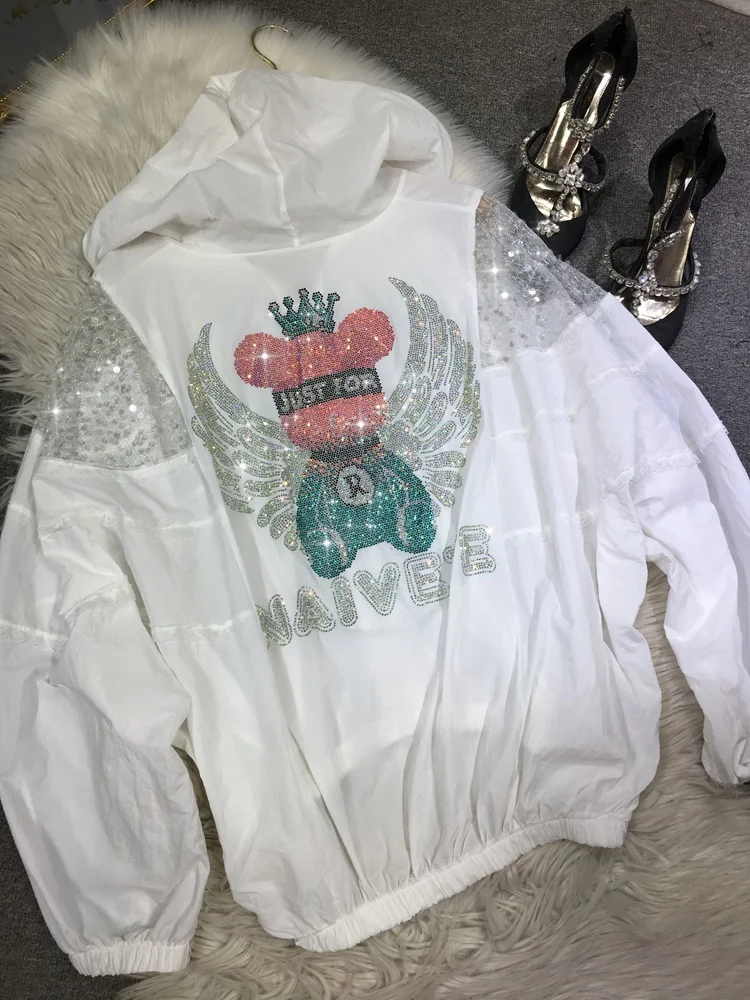 Luxury Shiny Bear Wings Hot Drilling Sunscreen Clothing Women Sequins Loose Hooded Cardigans Coat Summer Thin Jacket Coats