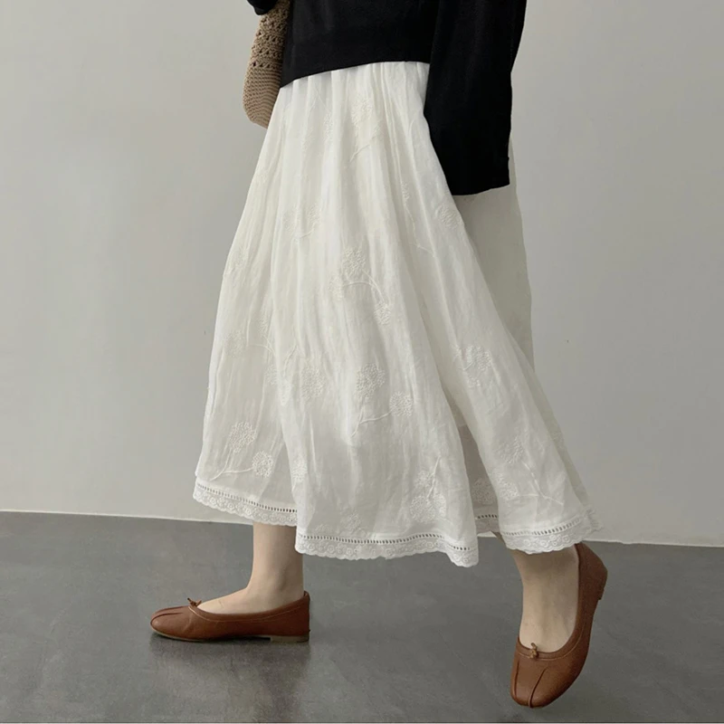 Spring Maternity Cotton Linen Belly Skirts with Floral Embroidery Good Quality Pregnancy Midi Skirt Sweet A-line Skirt