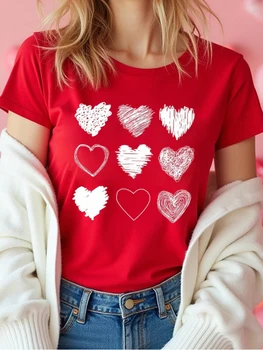 Red Heart Printed Women T-Shirts Fashion Streetwear Short Sleeve Tee Clothing Casual Soft Women Tops Valentine's Day T-shirt 1