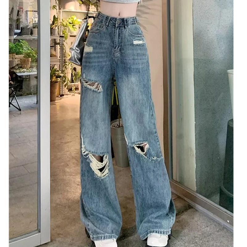 

2024 Retro Straight Denim Jeans With Summer Holes High Waist Slimming And Loose Fitting Wide Leg Floor Long Pants Women's Jeans