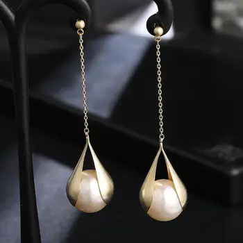 Korean Fashion Long Dangle Imitation Pearl Drop Earrings for Women Wedding Party Vintage Golden Color Plated Statement Jewelry