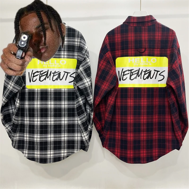 Flannel Vetements My Name Is Shirt Men Women Vintage Letter Printing  Long-sleeved Casual Plaid Shirts