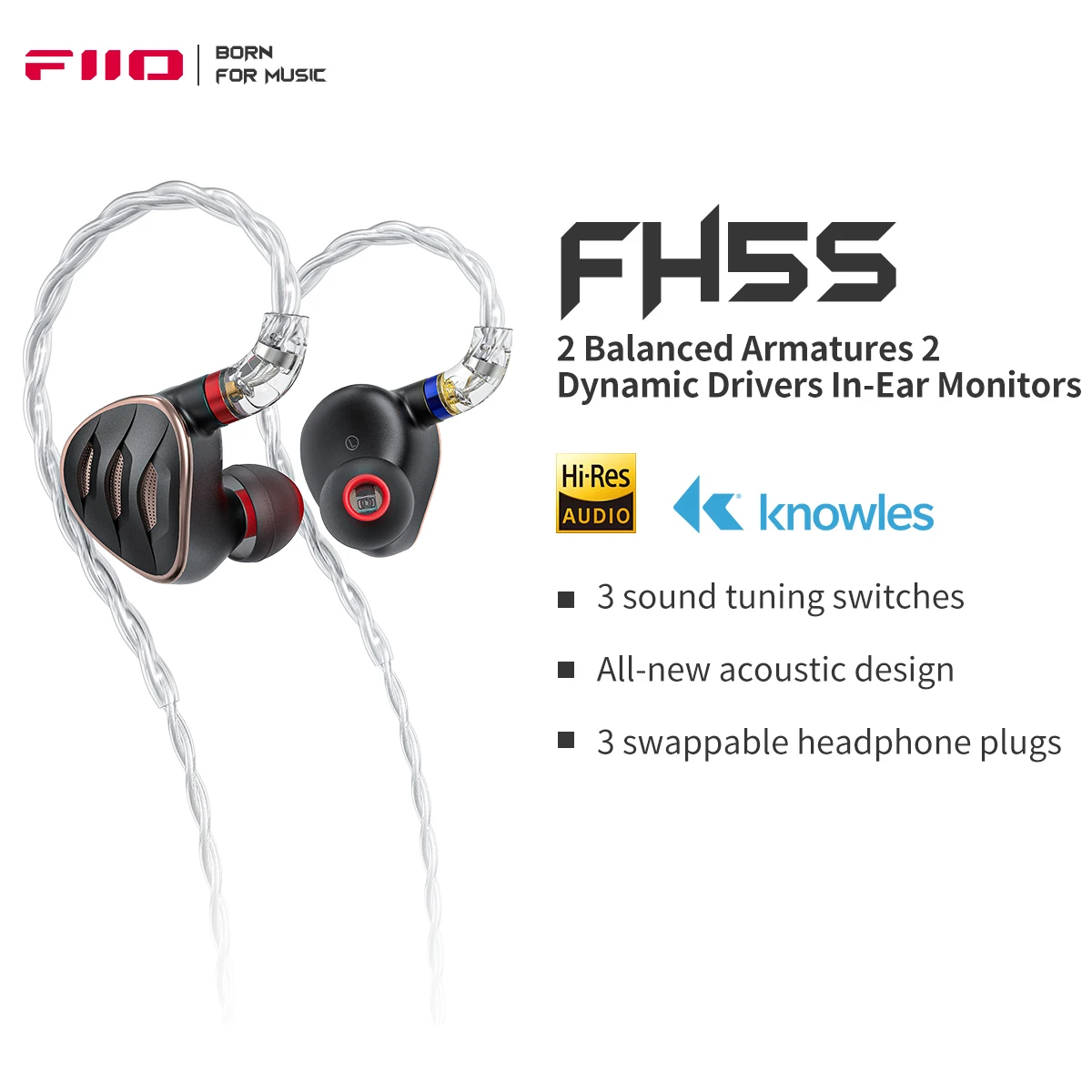 FiiO FH5s 2024 2BA+2DD سماعات داخل الأذن/سماعة رأس HiFi Bass صوت عالي الدقة للهواتف الذكية/الكمبيوتر الشخصي