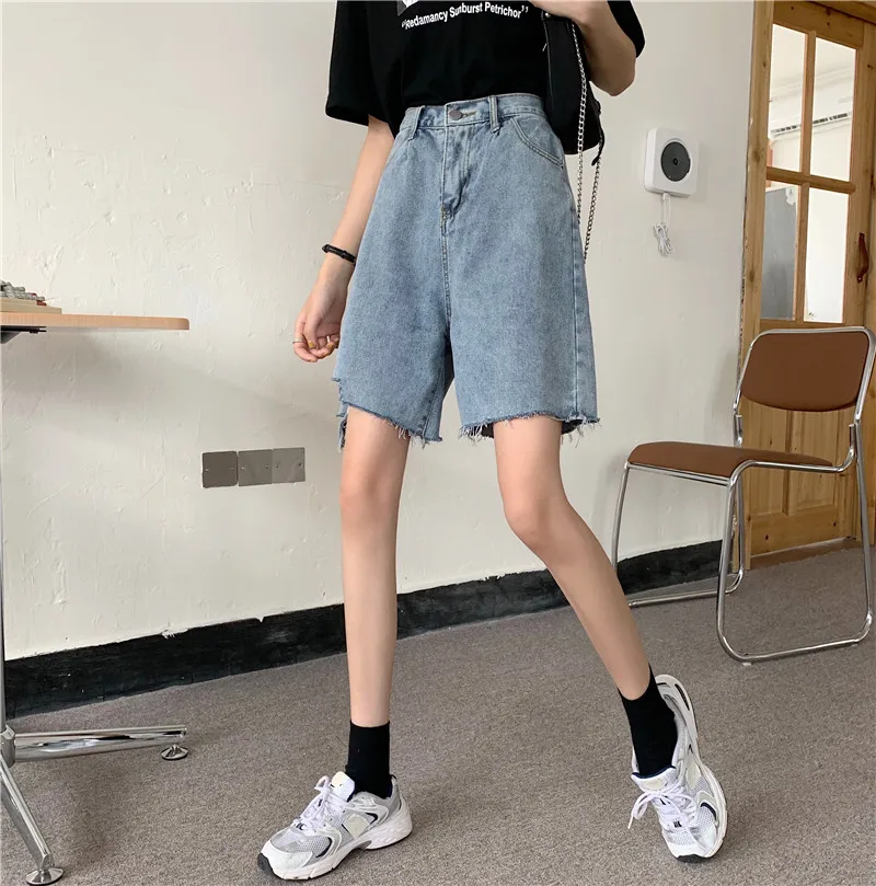 workout clothes for women 2021 New Women's Loose Denim Shorts Elastic Waist Ripped Hot Pants Thin High Waist five-point Short Jeans Pants for Girl Summer outfits for women