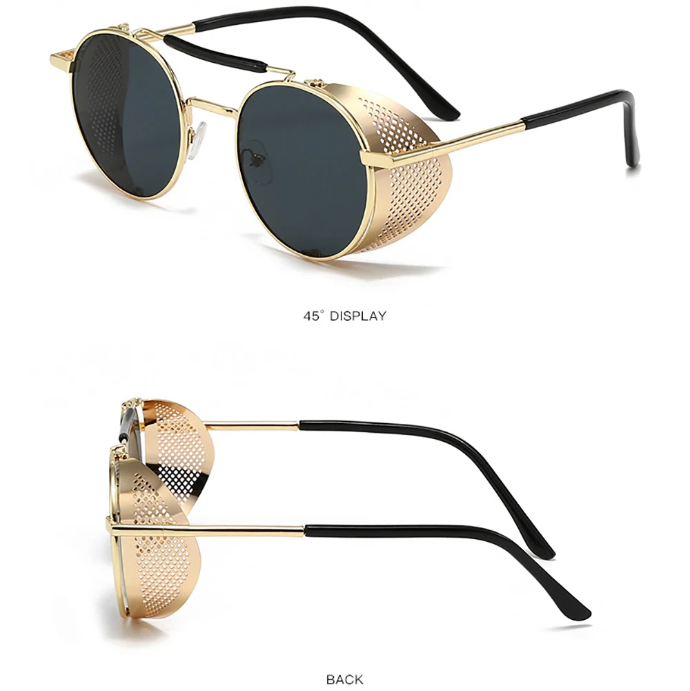 Men Driving Sunglasses with Side Shield Steampunk Round Alloy Sun Glasses Color Eyepiece Women Vintage UV400 Sun Shades New