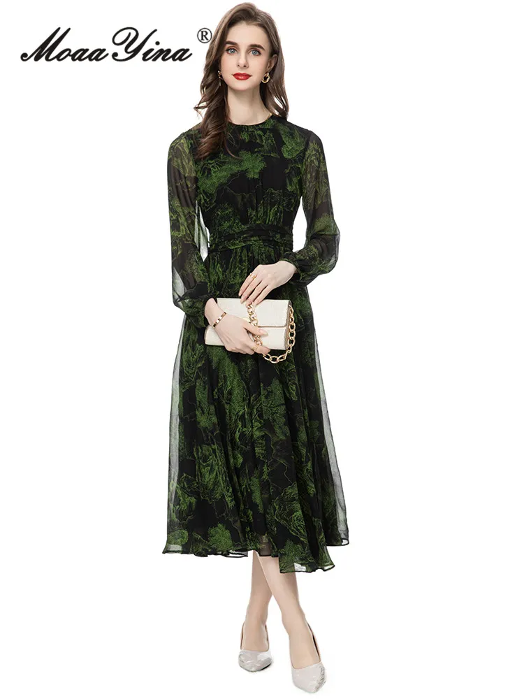 

MoaaYina Fashion Runway Summer Vacation Dress Women Lantern sleeve Vintage Flower Print Black Party Midi Dress