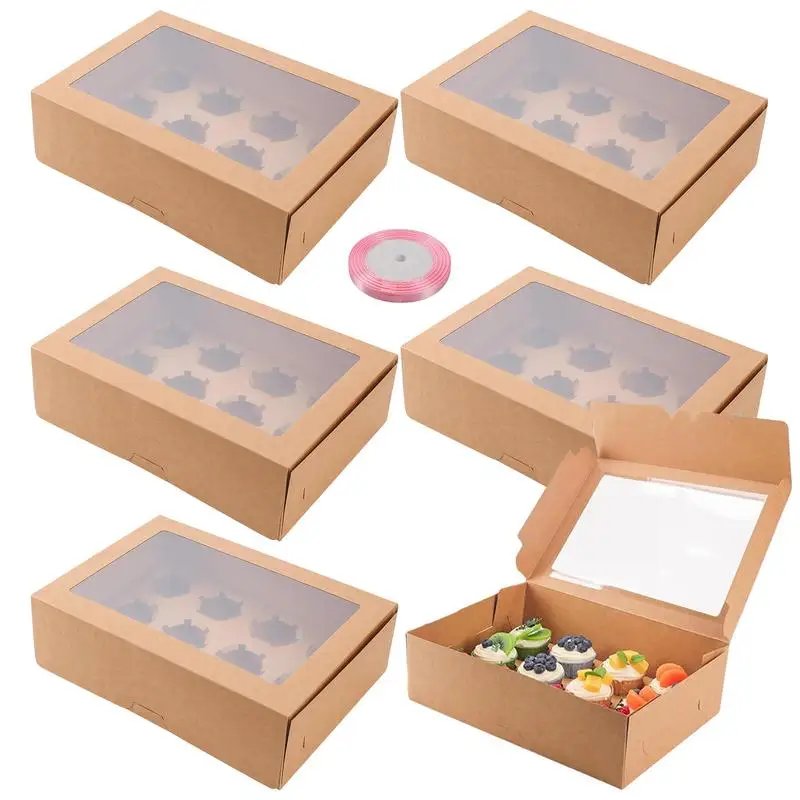 

6 Set Cupcake Container With Roller Ribbon Transparent Cupcake Pastry Baking Box For Donut Small Pastries Biscuit Muffin cakes