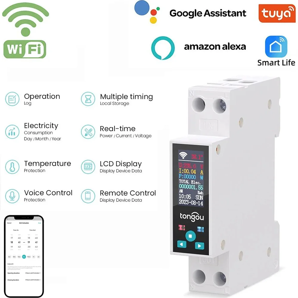TONGOU DIY Hutschiene 25A Smart Schalter WLAN Relais iOS Android TUYA App Sprachsteuerung Metering