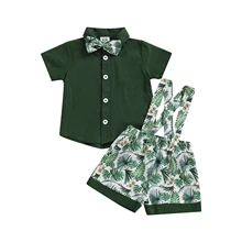 

Newborn Baby Boys Two-Piece Summer Cotton Outfits Short Sleeve Turn-Down Collar Bow Tie Decor Shirts Leaf Printed Short Pants