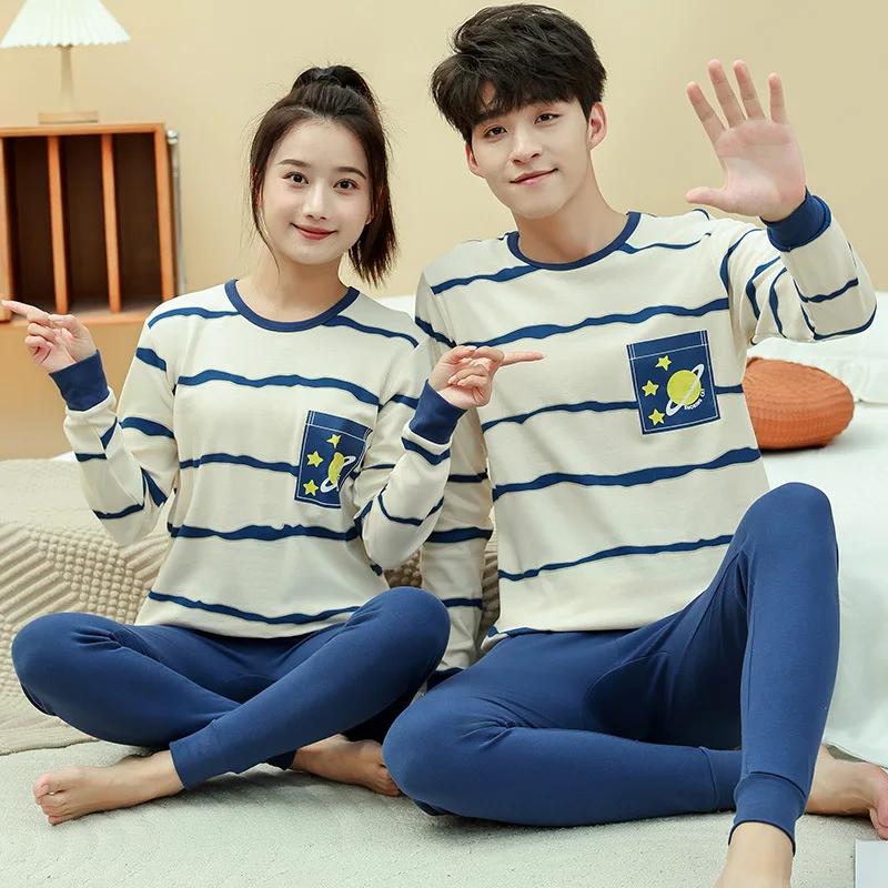 100% 순면 소재 남아 파자마 세트, 817세(1014세) 청소년용, 긴팔 네이비 블루 우주비행사 프린트 아동용 잠옷