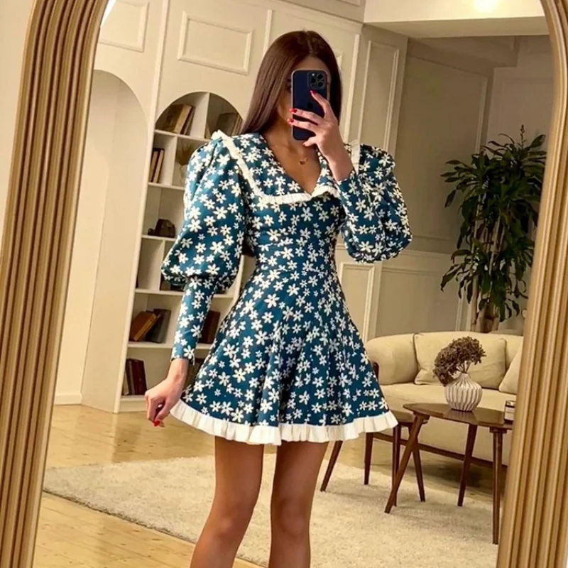 

Women's Summer New French Style Design SlimmingaLine Skirt Doll Collar Long Sleeve Floral DressWlj