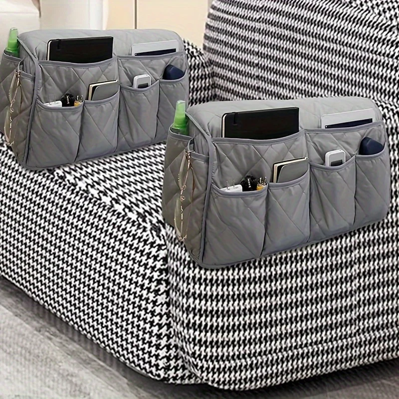 Sofa Armrest Storage Bag for TV Remote & Organizer - Cotton Fabric Side Pocket with Strap, Multipurpose Chair Organizer Pouch