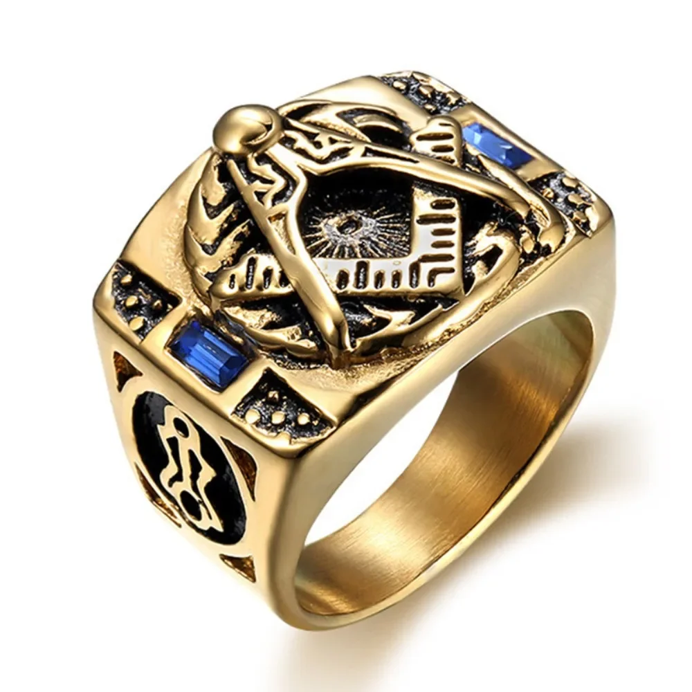 

CHUANGCHENG Vintage Inlaid Blue Gem Gold Freemasonry Personalized Men's Stainless Steel Rings Sizes 7-13