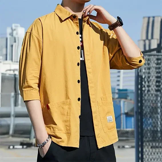 thumbnail image 1 of Camisas para hombre, camisa de carga amarilla de media manga, camisa de hombre, moda para hombre, oferta 2024, botones, regular, hipster, cosas baratas con novedad 2025, 1 of 5