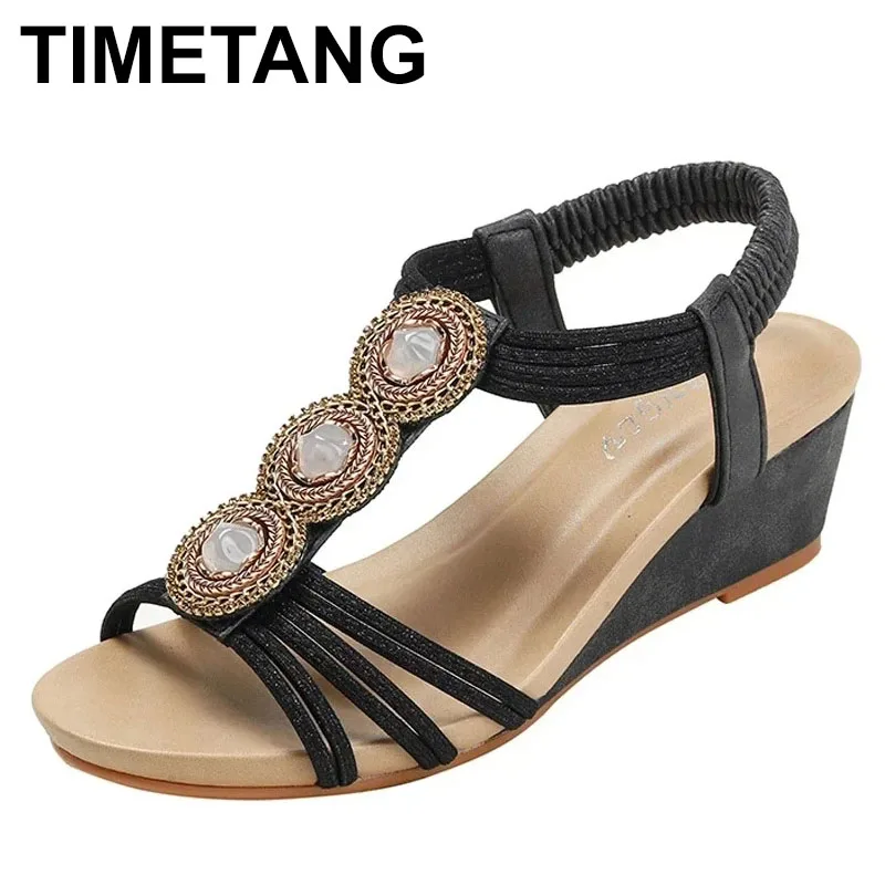 2025 Factory Wholesale Ladies Retro Crystle Sandals Elastic Ankle Band Wedge Beaded Fashion Office Ladies Sandals
