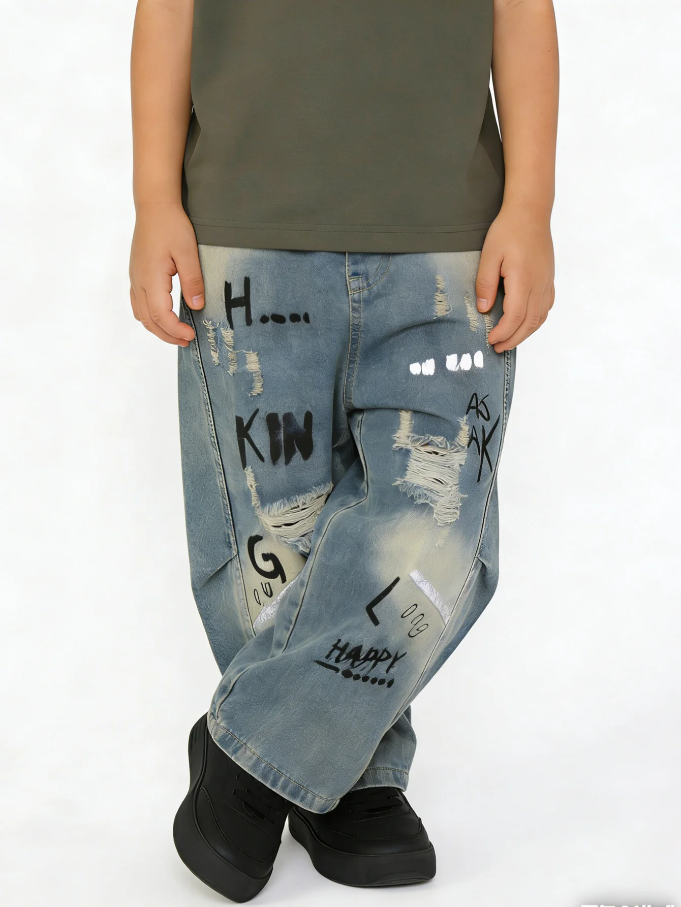 소년 빈티지 워싱 데미지 진 키즈 그래피티 프린트 와이드 레그 데님 팬츠 아동용 엘라스틱 허리 스트리트웨어 바지 2026 신상