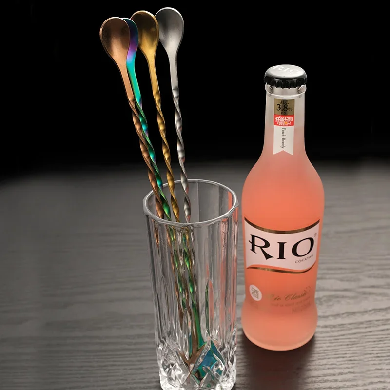 Stainless Steel Bar Stir Spoon Cocktail Spiral Pattern Mixing With Muddler For tender Metal Gold Accessories