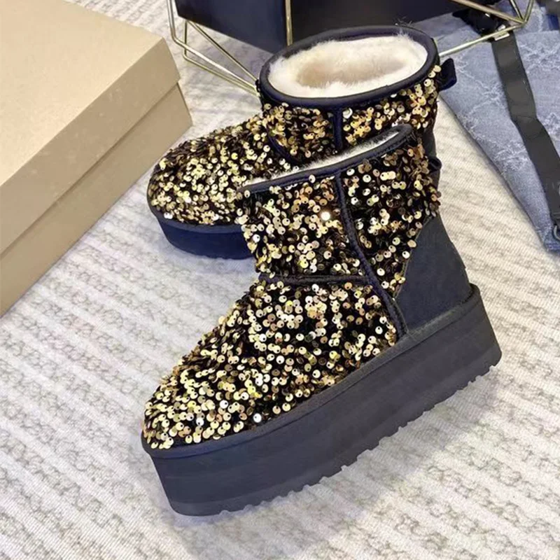 

Bling Sequin Ankle Snow Boots Wool Inner Thick-soled Warm Slip On Fluffy Shoes Anti-Slip Women's Fashion Short Winter Boots